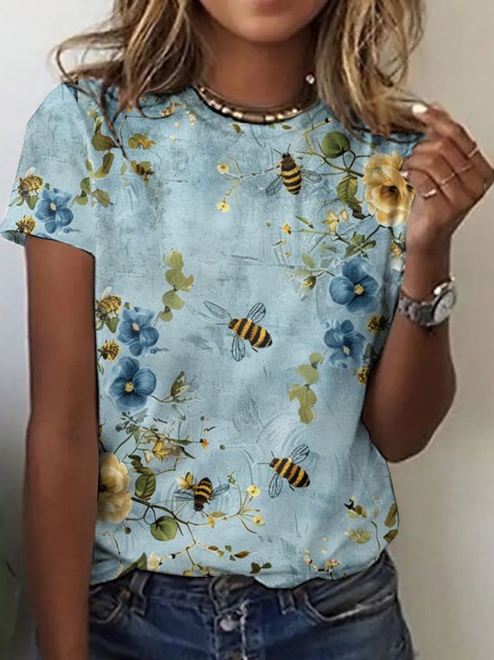 T-shirts Décontracté Floral Été Coton Micro-élasticité Coupe Régulière Sans Manches Régulier Trapèze pour Femmes