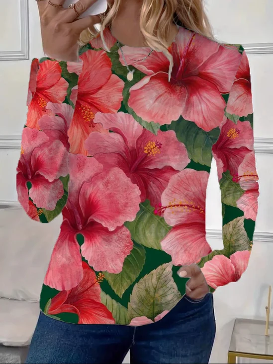 T-shirts Décontracté Floral Printemps / Automne Imprimé Ample Jersey Manches Longues Col Rond Régulier pour Femmes