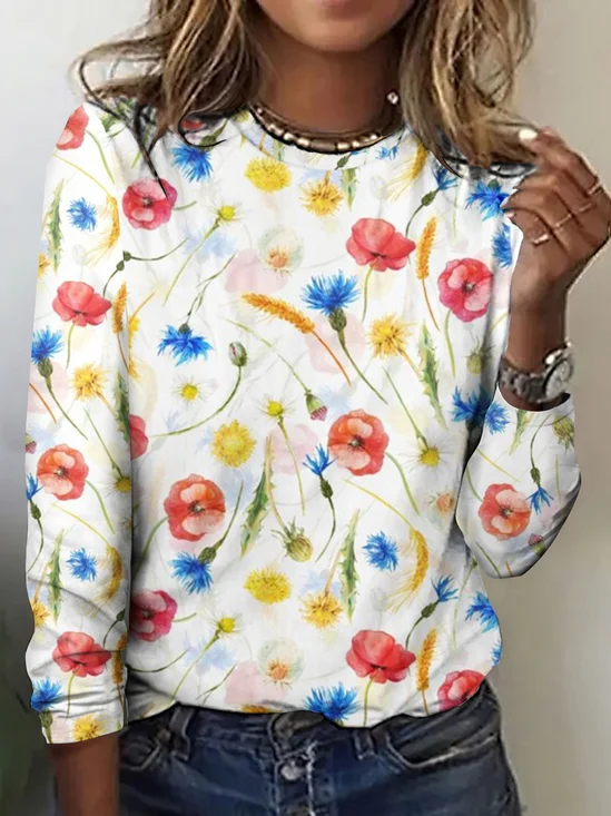 T-shirts Décontracté Floral Printemps / Automne Coton Quotidien Coupe Régulière Manches Longues Col Rond Trapèze pour Femmes