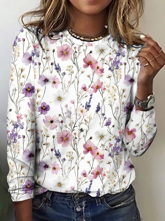 T-shirts Décontracté Floral Printemps / Automne Quotidien Coupe Régulière Manches Longues Col Rond Trapèze Régulier pour Femmes