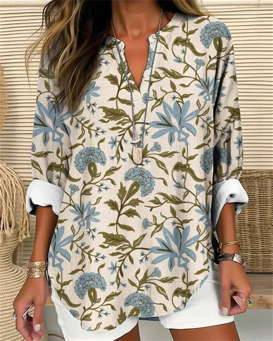 Chemises Décontracté Bloc de Couleur Printemps / Automne Col V Ample en Mélangé de Coton Régulier Trapèze Régulier pour Femmes