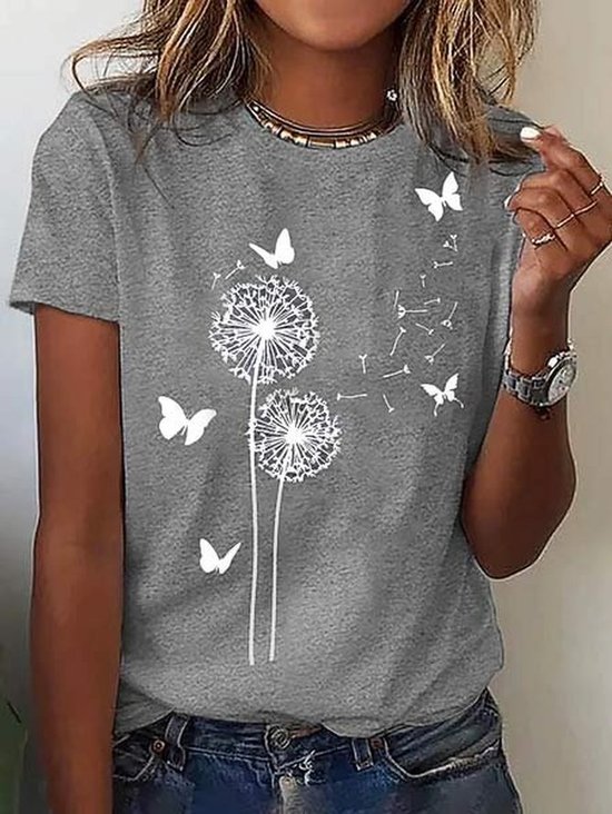 T-shirts Femmes Décontracté Été Pissenlit Vacances Jersey Manches Courtes Col Rond Droit Régulier