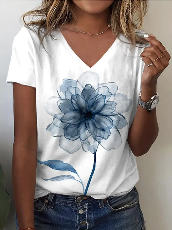 T-shirts Femmes Rétro Floral Été Col V Ample Manches Courtes Droit Régulier T.-N.-L.