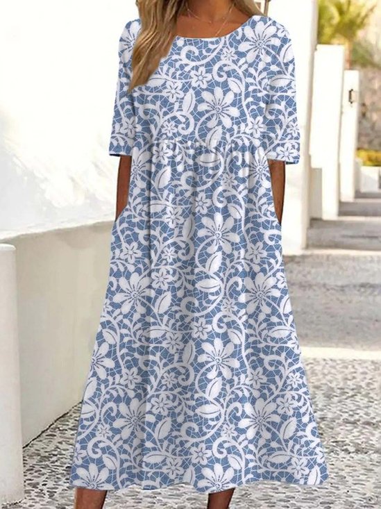Femmes Floral Kaki Col Rond Confortable Robe Maxi Rétro