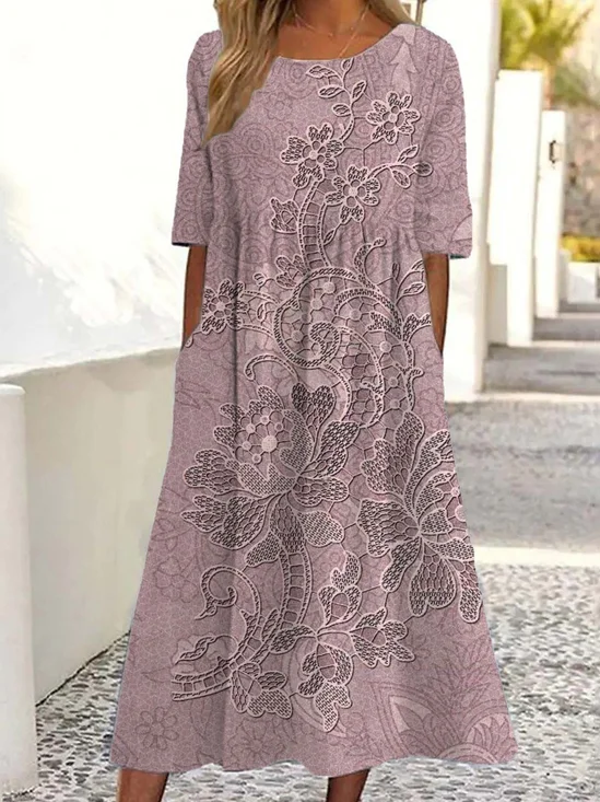 Femmes Floral Comme Image Col Rond Confortable Robe Maxi Rétro