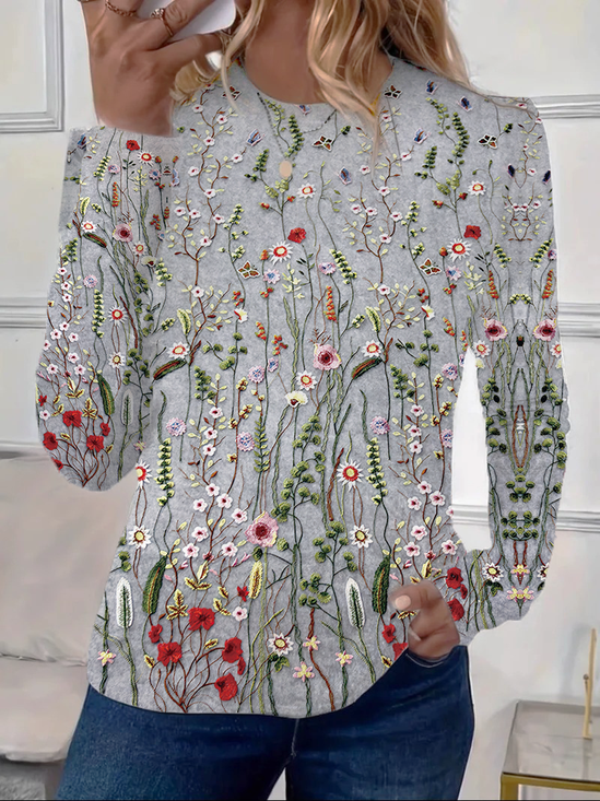 T-shirts Femmes Décontracté Floral Printemps / Automne Micro-élasticité Jersey Col Rond Régulier Droit Régulier