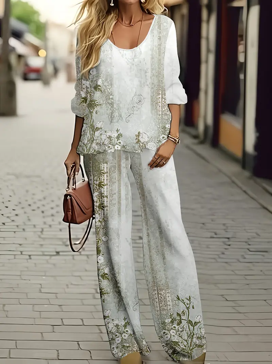 Deux Pièces Ensembles Décontracté Floral Printemps / Automne Polyester Imprimé Naturel Aucune élasticité Ample Droit pour Femmes
