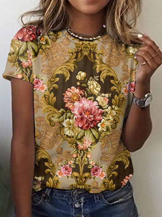 T-shirts Femmes Rétro Floral Été Coton Micro-élasticité Manches Courtes Col Rond Régulier Trapèze
