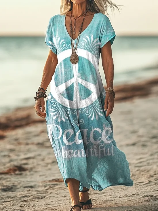Femmes de Hippie Vert Col V Confortable Imprimé Robe Maxi Décontracté