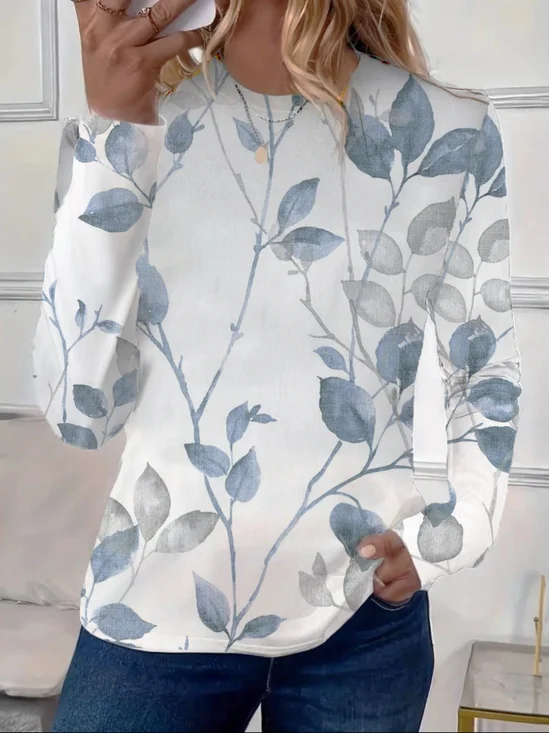 T-shirts Femmes Décontracté Floral Printemps / Automne Imprimé Micro-élasticité Quotidien Jersey Col Rond Droit