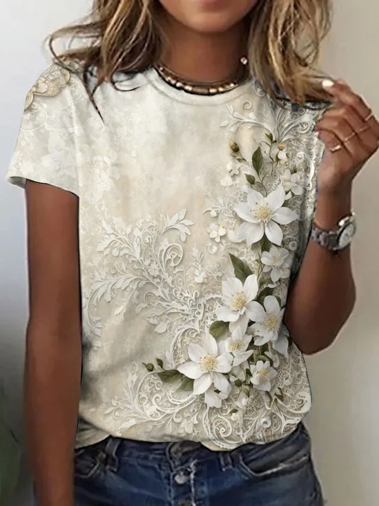 T-shirts Femmes Rétro Floral Été Micro-élasticité Quotidien Coupe Régulière Manches Courtes Col Rond Trapèze