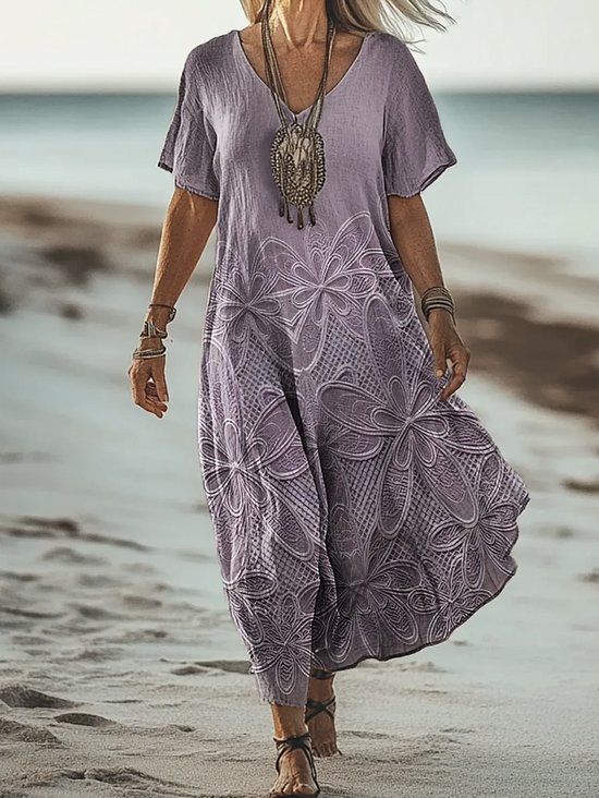 Femmes Floral Violet Clair Col V Confortable Robe Maxi Rétro