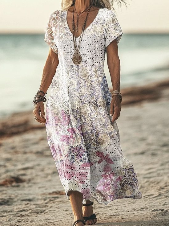 Femmes Floral Abricot Col V Confortable Robe Maxi Décontracté