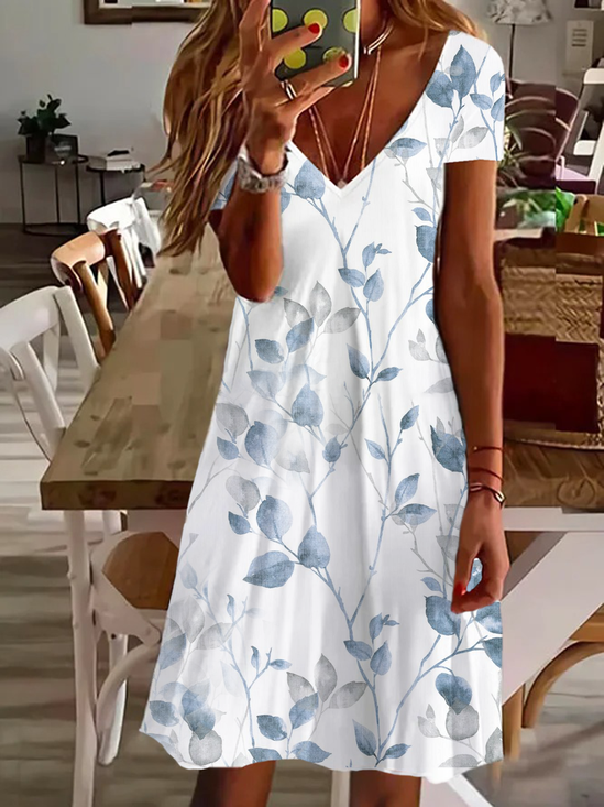 Femmes Floral Blanc Col V Confortable Imprimé Robe de Longueur Au Genou Décontracté