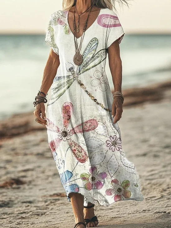 Femmes Imprimé d'Animal Blanc Col V Confortable Robe Maxi Rétro
