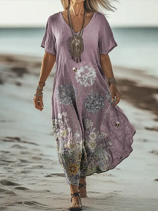 Femmes Floral Violet Clair Col V Confortable Robe Maxi Rétro