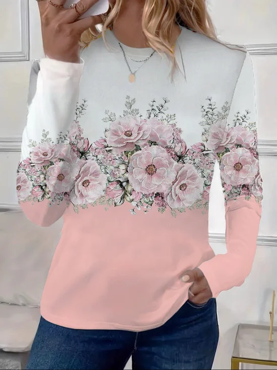 T-shirts Femmes Décontracté Floral Printemps / Automne Micro-élasticité Quotidien Jersey Col Rond Régulier Droit