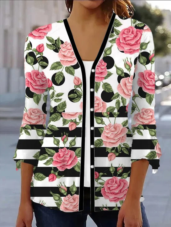 Élasticité moyenne Col V Manches trois quarts Régulier Floral Kimono pour Femmes