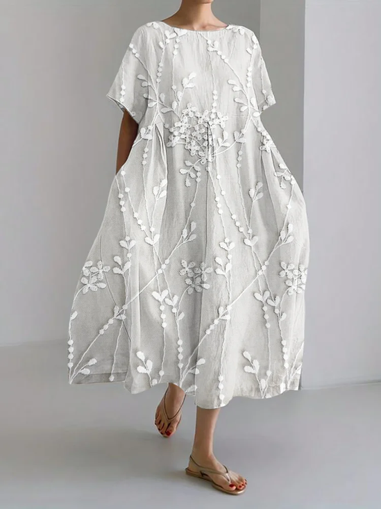 Femmes Floral Motif Blanc Col Rond Confortable Robe Maxi Décontracté