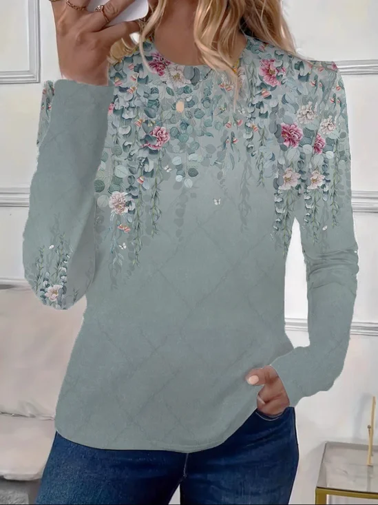T-shirts Femmes Décontracté Floral Printemps / Automne Micro-élasticité Quotidien Ample Jersey Manches Longues Col Rond