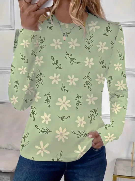 T-shirts Décontracté Floral Printemps / Automne Micro-élasticité Jersey Manches Longues Régulier Droit Régulier pour Femmes