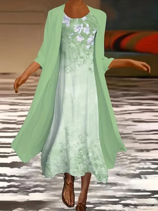 Deux Pièces Ensembles Décontracté Floral Printemps / Automne Imprimé Micro-élasticité Coupe Régulière Manteau avec jupe Régulier Dakota du Sud pour Femmes