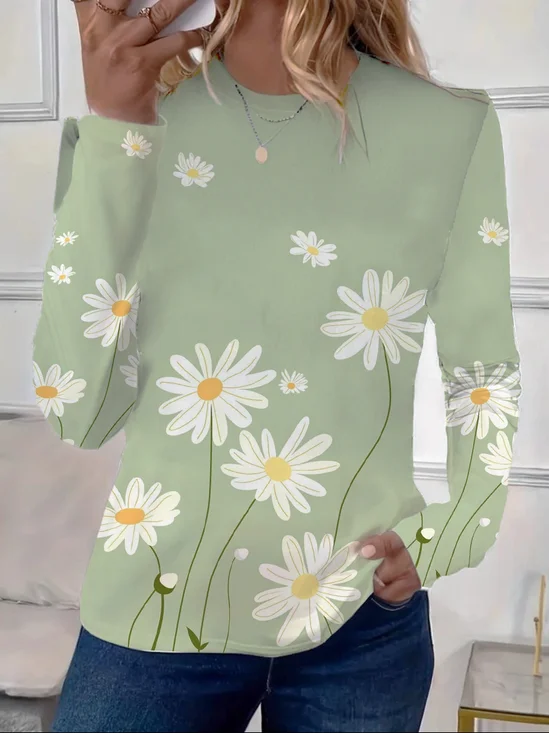 T-shirts Décontracté Floral Printemps / Automne Imprimé Micro-élasticité Ample Jersey Col Rond Régulier pour Femmes