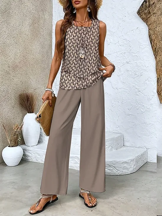 Deux Pièces Ensembles Géométrique Décontracté Été Naturel Coupe Régulière Col Rond Top Avec Pantalons Régulier Non pour Femmes