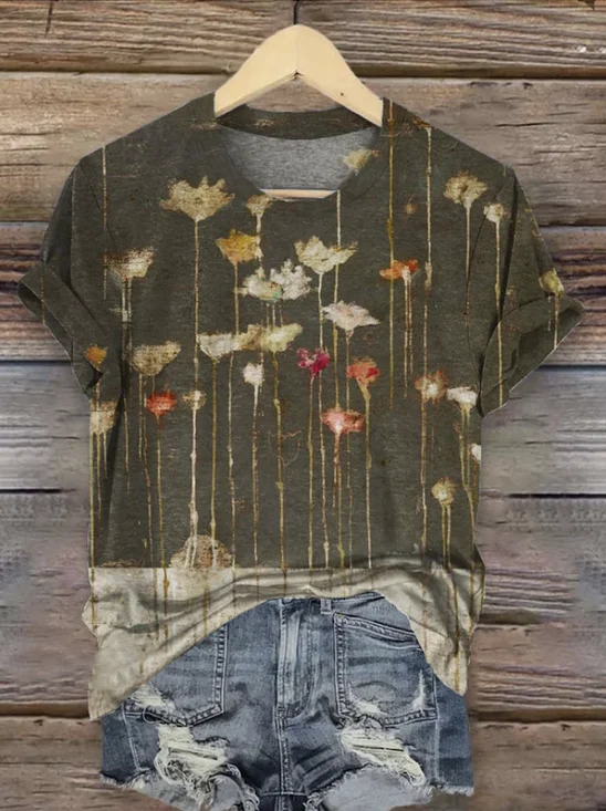 T-shirts Femmes Décontracté Floral Été Coton Micro-élasticité Quotidien Coupe Régulière Col Rond Trapèze