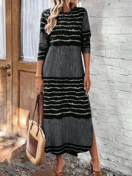 Femmes Rayé Noir Col Rond Confortable Robe Maxi Rétro