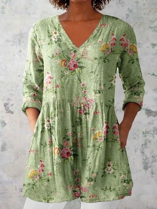 Blouses Décontracté Floral Été Polyester Col V Imprimé Demi Manche Droit Régulier pour Femmes