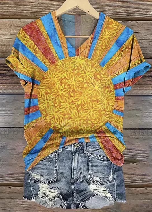 T-shirts Géométrique Rétro Été Polyester Quotidien Manches Courtes Écourté Trapèze Régulier pour Femmes