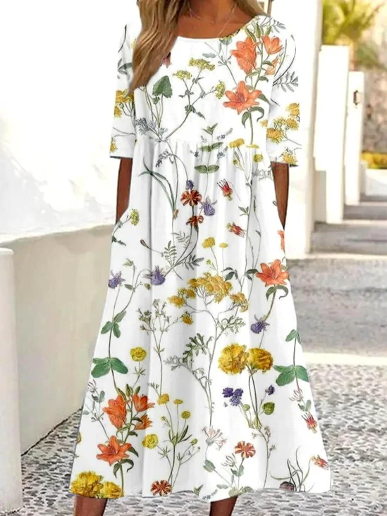 Femmes Floral Bleu Col Rond Confortable Robe Maxi Rétro