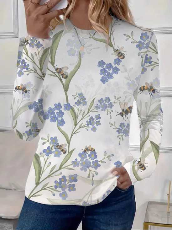 T-shirts Décontracté Floral Printemps / Automne Micro-élasticité Quotidien Col Rond Régulier Droit Régulier pour Femmes