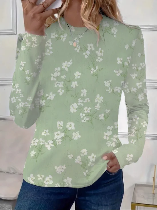 T-shirts Femmes Décontracté Floral Printemps / Automne Micro-élasticité Quotidien Jersey Col Rond Régulier Droit