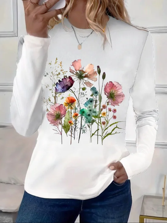 T-shirts Femmes Décontracté Floral Printemps / Automne Imprimé Micro-élasticité Quotidien Jersey Manches Longues Régulier