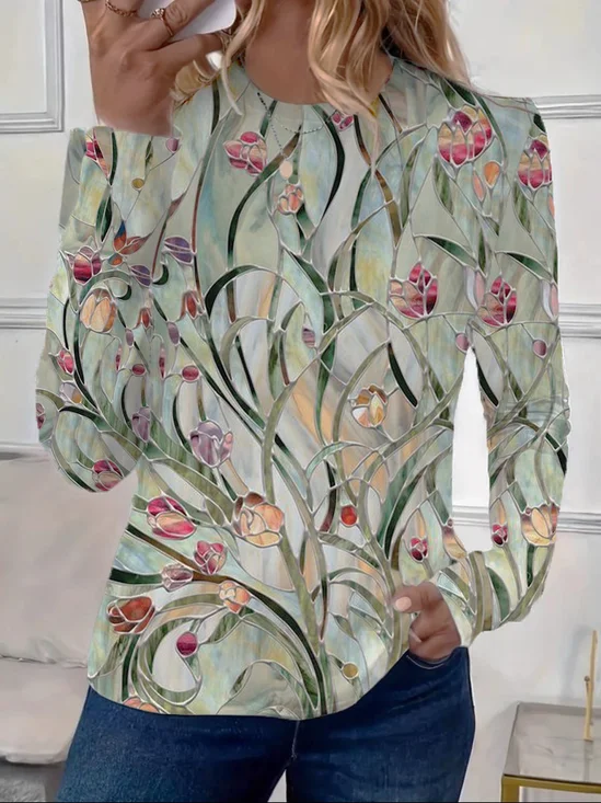 T-shirts Décontracté Floral Printemps / Automne Imprimé Micro-élasticité Quotidien Jersey Manches Longues Régulier pour Femmes