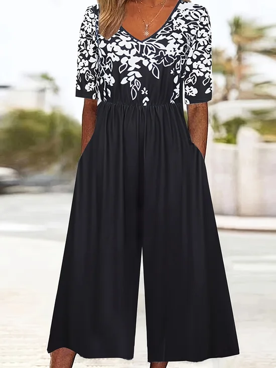 Combinaisons Décontracté Été Motif dégradé Polyester Col V Faire la navette Ample Pantalon à la cheville Droit pour Femmes