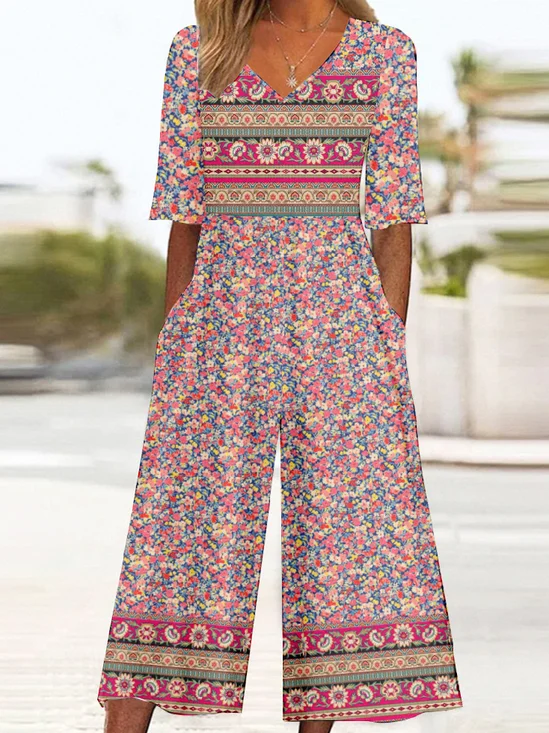 Combinaisons Femmes Rétro Ethnique Été Polyester Col V Micro-élasticité Pantalon à la cheville T-shirt Droit