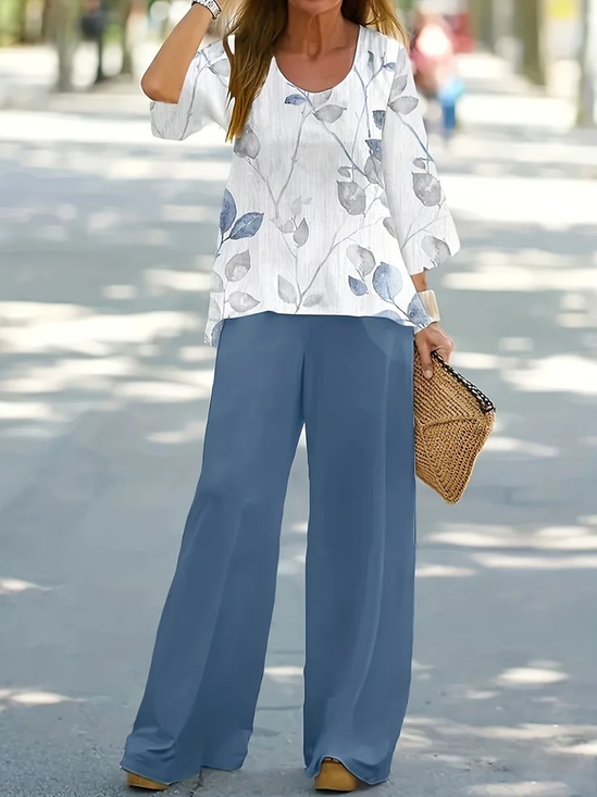 Deux Pièces Ensembles Femmes Décontracté Floral Printemps / Automne Polyester Imprimé Aucune élasticité Ample Top Avec Pantalons T.-N.-L.