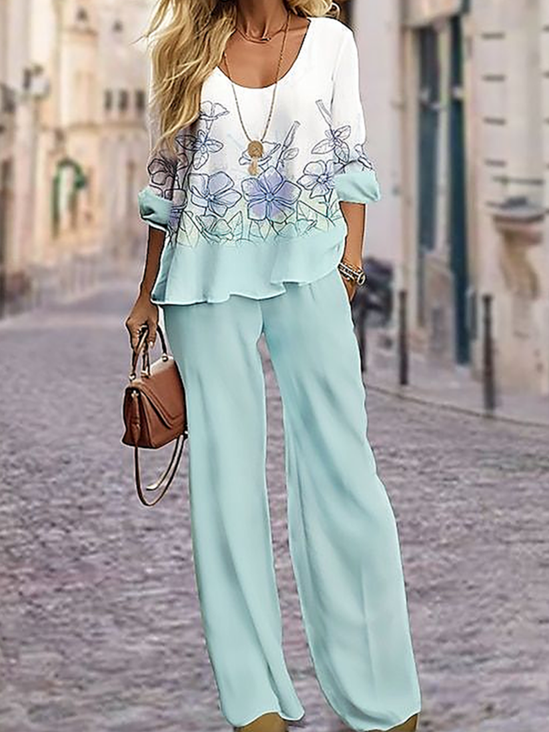 Deux Pièces Ensembles Femmes Décontracté Floral Printemps / Automne Imprimé Aucune élasticité Ample Manches Longues Top Avec Pantalons T.-N.-L.