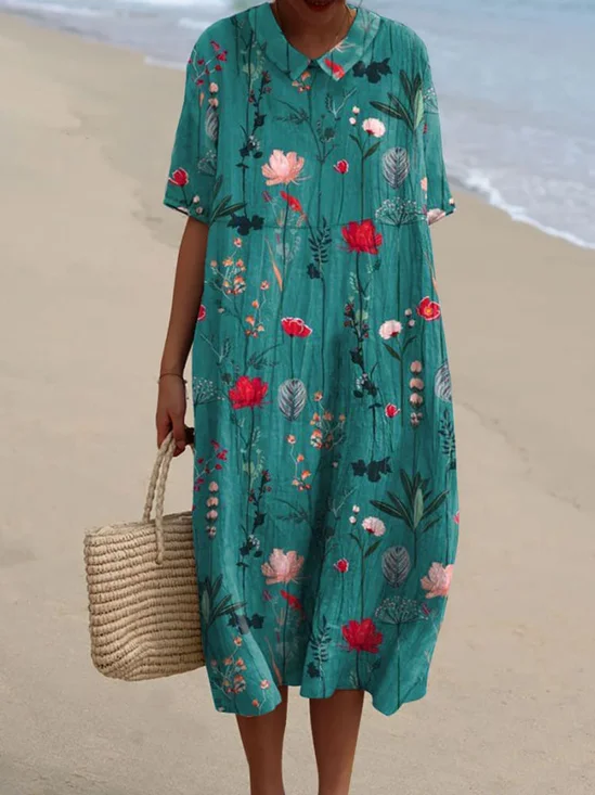Femmes Floral Bleu Col Rond Confortable Robe Maxi Décontracté