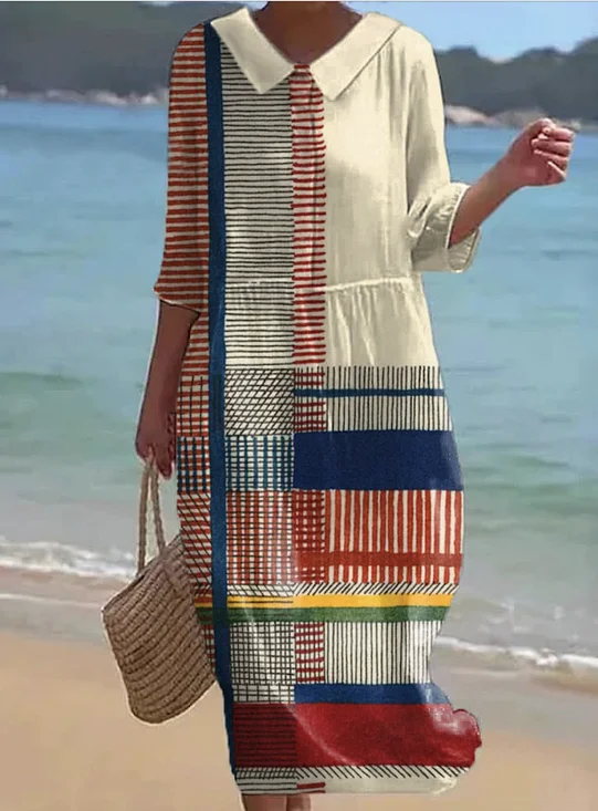Femmes Géométrique Abricot Col Rond Confortable Robe Maxi Décontracté