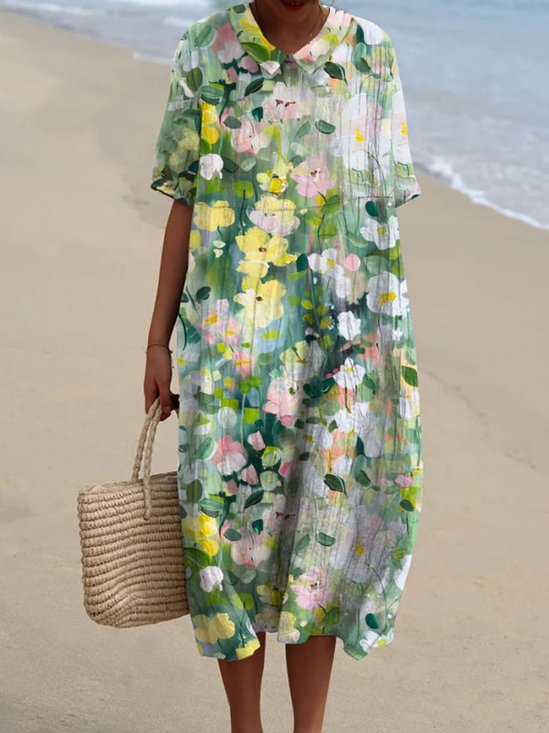 Femmes Floral Vert Clair Col Rond Confortable Robe Maxi Décontracté