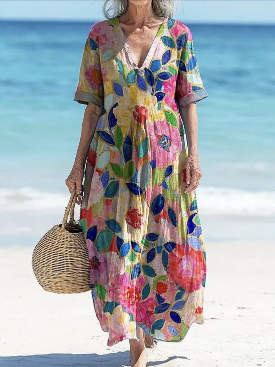 Femmes Floral Rose Col V Confortable Robe Maxi Décontracté