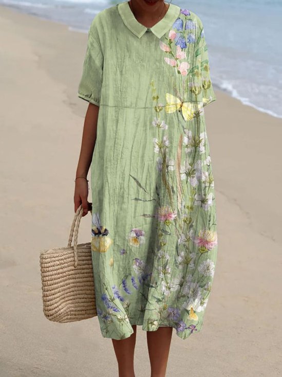 Femmes Floral Vert Clair Col Rond Confortable Robe Maxi Décontracté