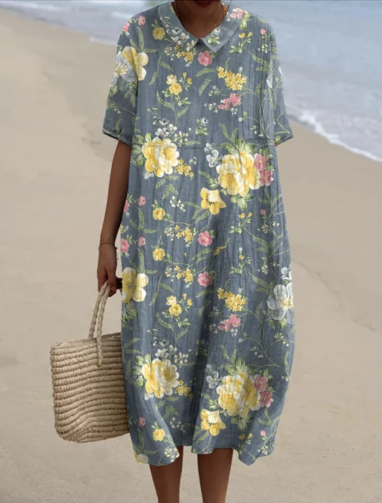 Femmes Floral Bleu Clair Col Rond Confortable Robe Maxi Décontracté