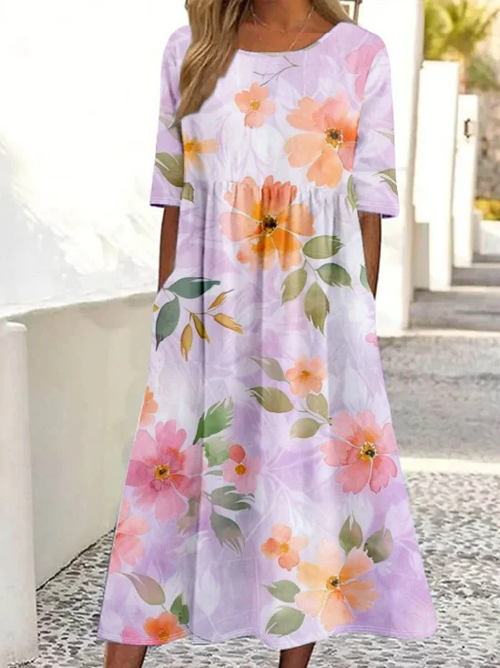 Femmes Floral Comme Image Col Rond Confortable Robe Maxi Décontracté