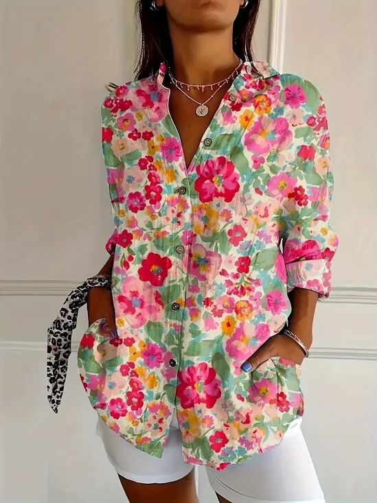 Chemises Décontracté Floral Printemps / Automne Polyester Régulier Droit Boucle Régulier T.-N.-L. pour Femmes