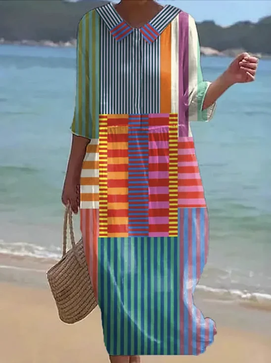 Femmes Géométrique Vert Col Rond Confortable Robe Maxi Décontracté